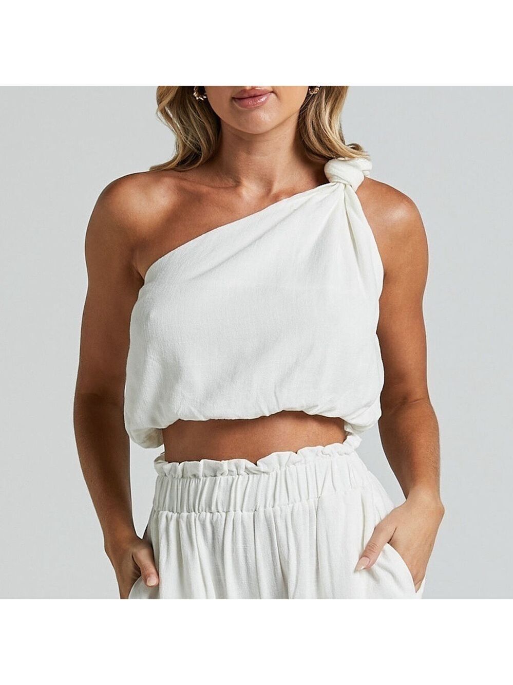 Mable Clothing Linen Blend One Shoulder Relaxed Loose Fit White Cropped Top